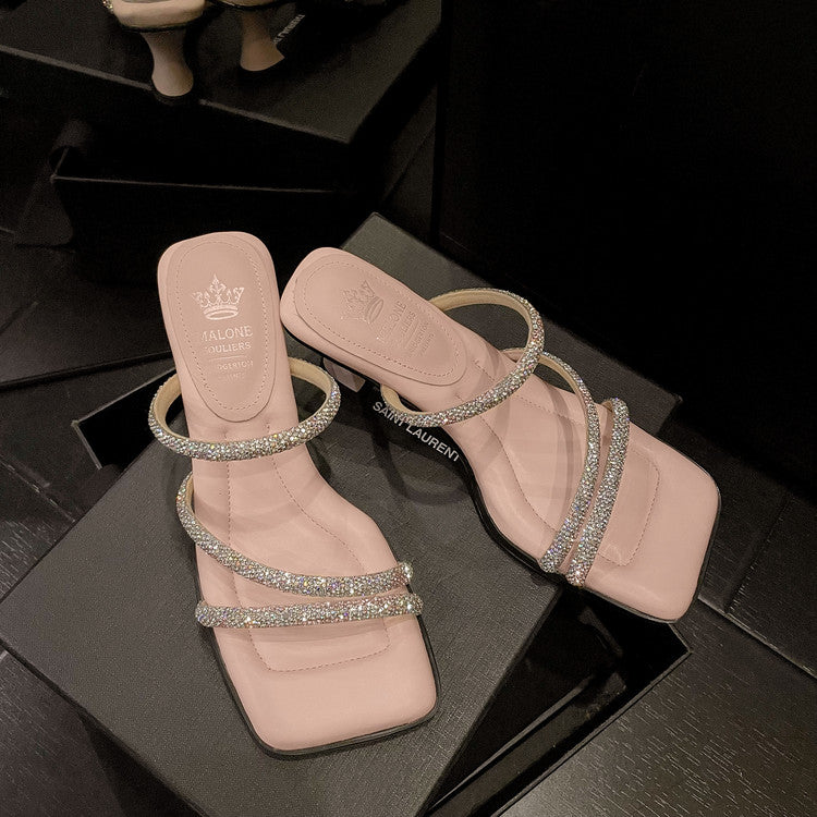 Karin Luna In Stock Spot Goods  Minimalist Versatile Square Toe Rhinestone Strap Open-Toe Sandals