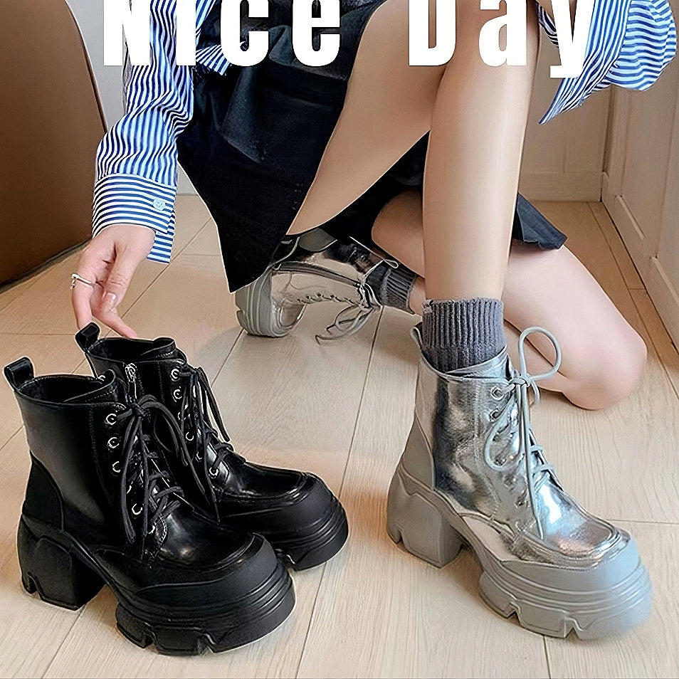Karin Luna Casual Thick Sole Full Cowhide Lace-up Thick-soled Short Boots   Classic All-Matching