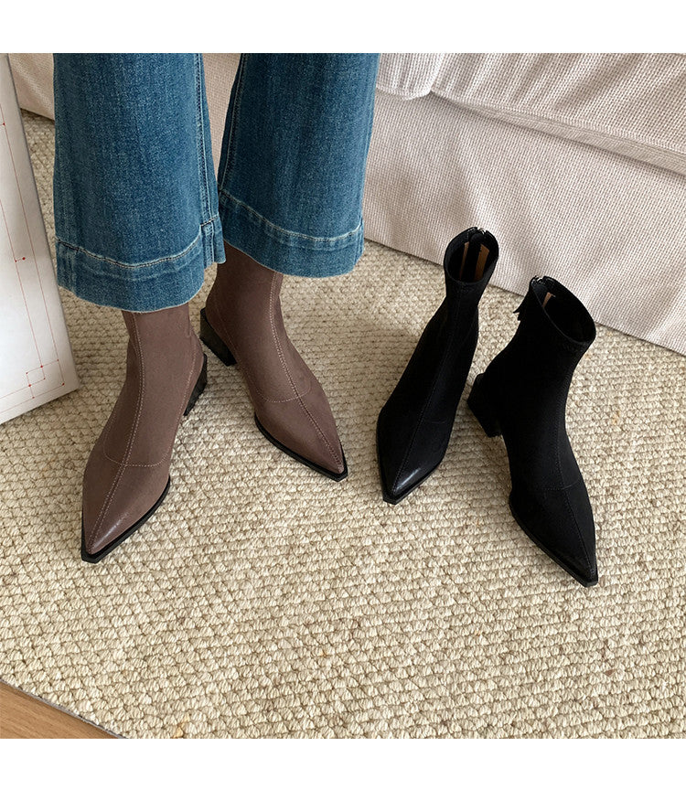 Karin Luna In Stock In Stock Elastic Slim Pointed Toe Chunky Heel Basic Ankle Boots