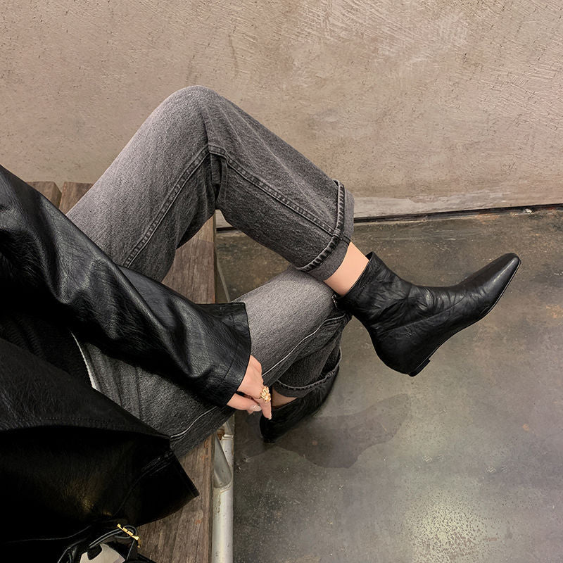 Karin Luna In Stock Spot Goods Slim Series  Hidden Wedge Small Square Toe Back Zipper Short Boots