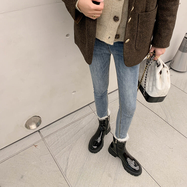 Karin Luna In Stock  Best-selling in stock Thickened Fleece Cow Patent Leather Hot-Selling Flat Short Boots