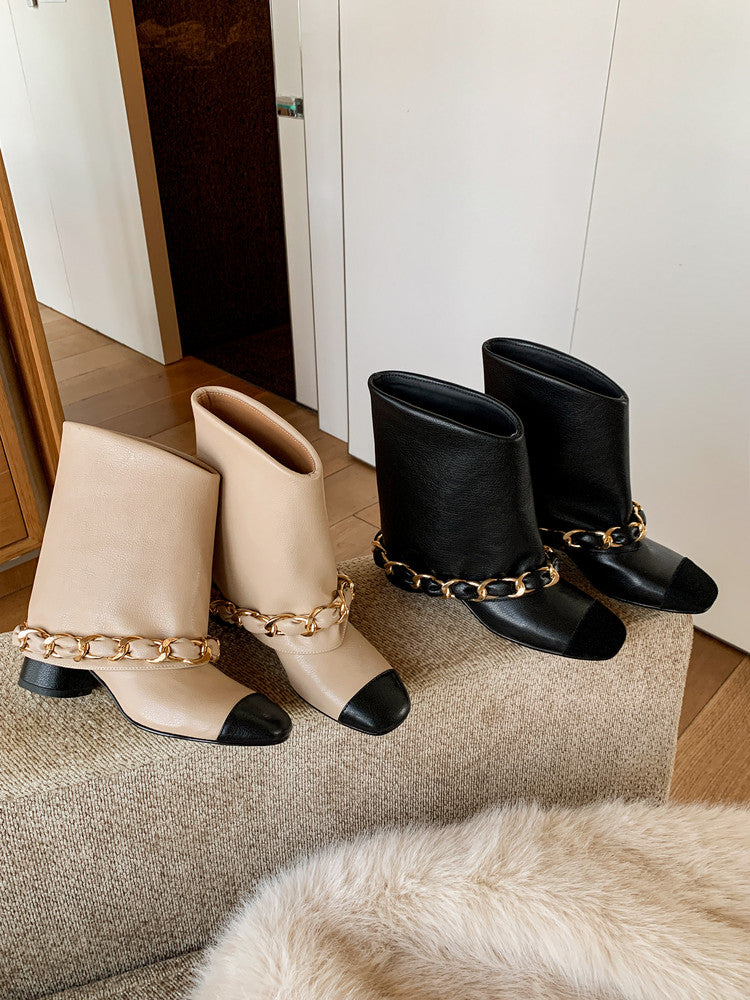 Karin Luna Classic Style Fragrant Family Style Chunky Heel Chain Ankle Boots