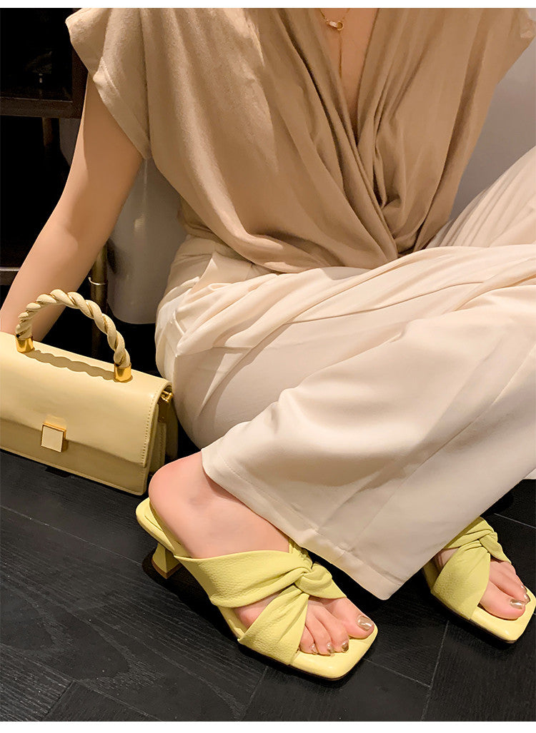 Karin Luna In Stock In Stock  Comfortable Cross Strap  Airy High Heel Square Toe Slippers