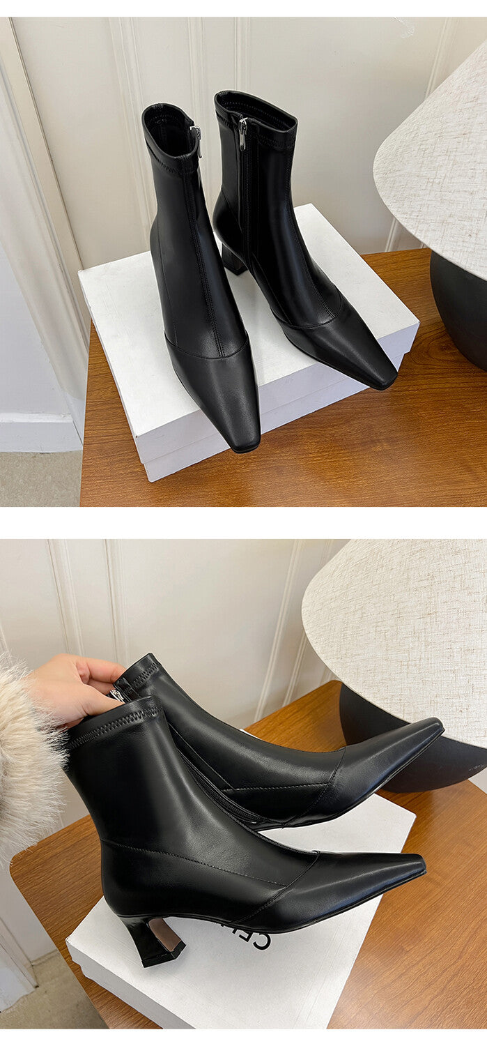 Karin Luna Elegant Small Square Toe Chunky Heel Slim Boots