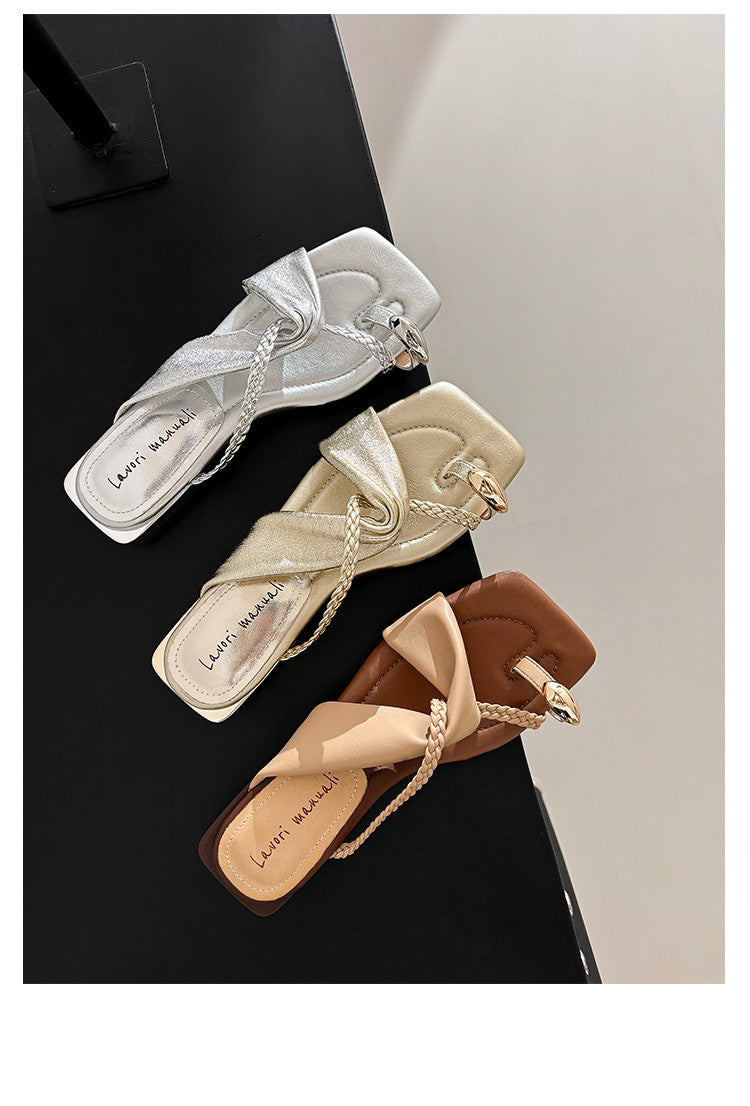 Karin Luna  Square Toe Braided Cross Thick Heel Flat Slippers