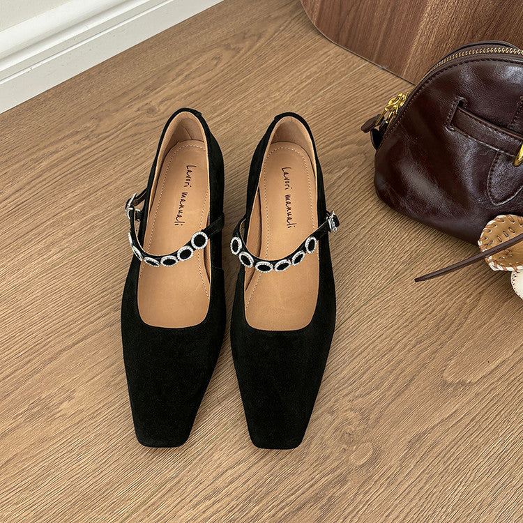 Karin Luna In Stock Spot Goods  Vintage Full Leather Square Toe Rhinestone Strap Shallow Mouth Single Shoes