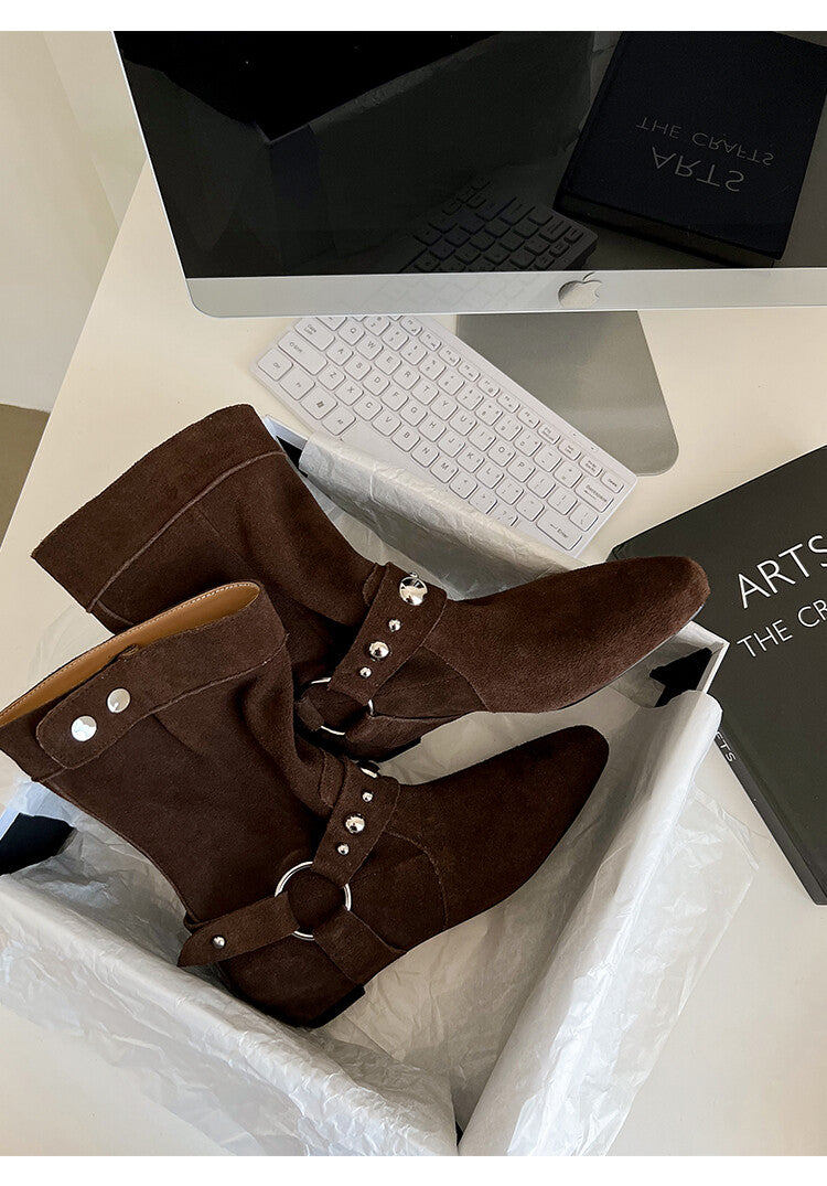 Karin Luna has prepared stock  Hot-Selling Retro Pointed Toe Wedge Metal Buckle High Tube Western Boots