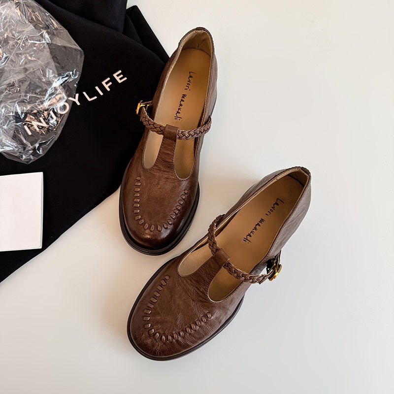 Karin Luna In Stock Spot Goods Vintage Braided Twist High Heels T Round Toe Thick Sole Single Shoes