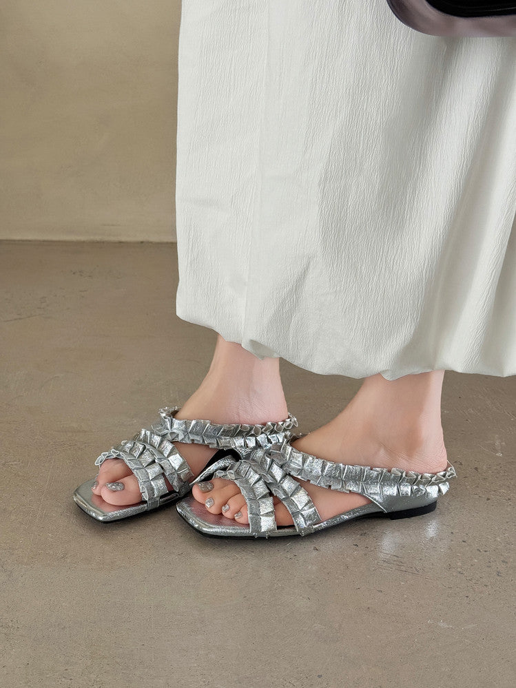 Karin Luna In Stock   Spot Goods  Niche Design Square-Toed Pleated Flat Slippers