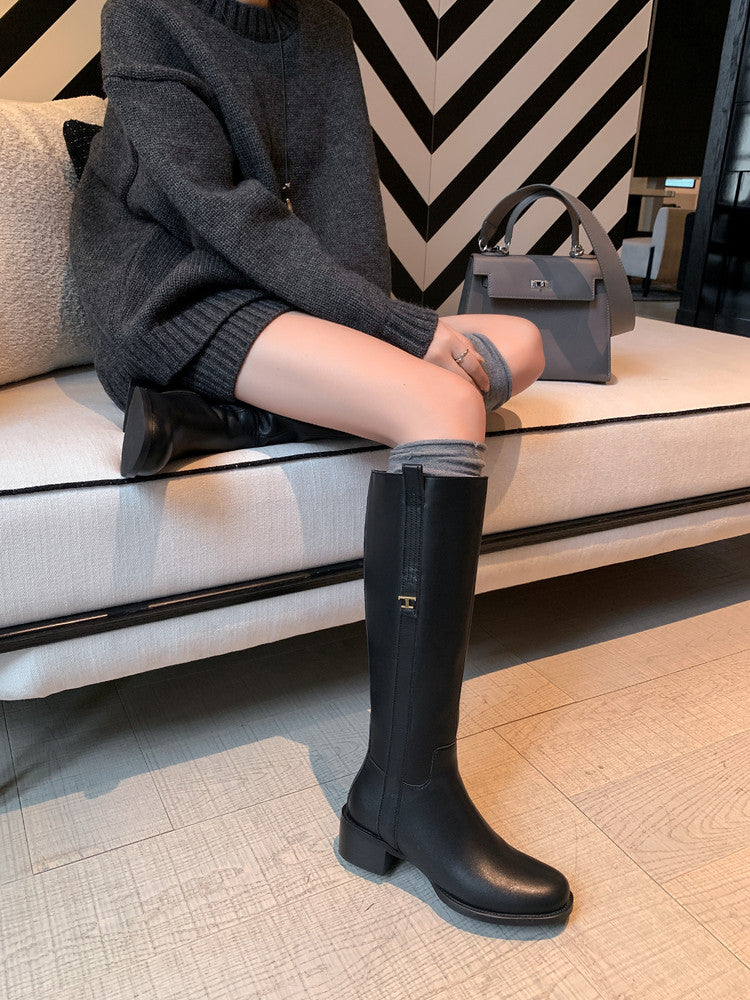 Karin Luna In Stock Spot Goods Basic Retro Square Toe Chunky Heel Riding Boots