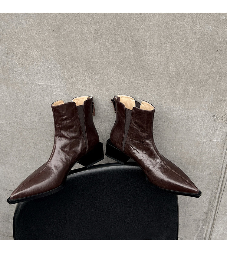 Karin Luna In Stock Spot Goods Elegant Stretch Fabric Patchwork Pointed Toe Chunky Heel Short Boots