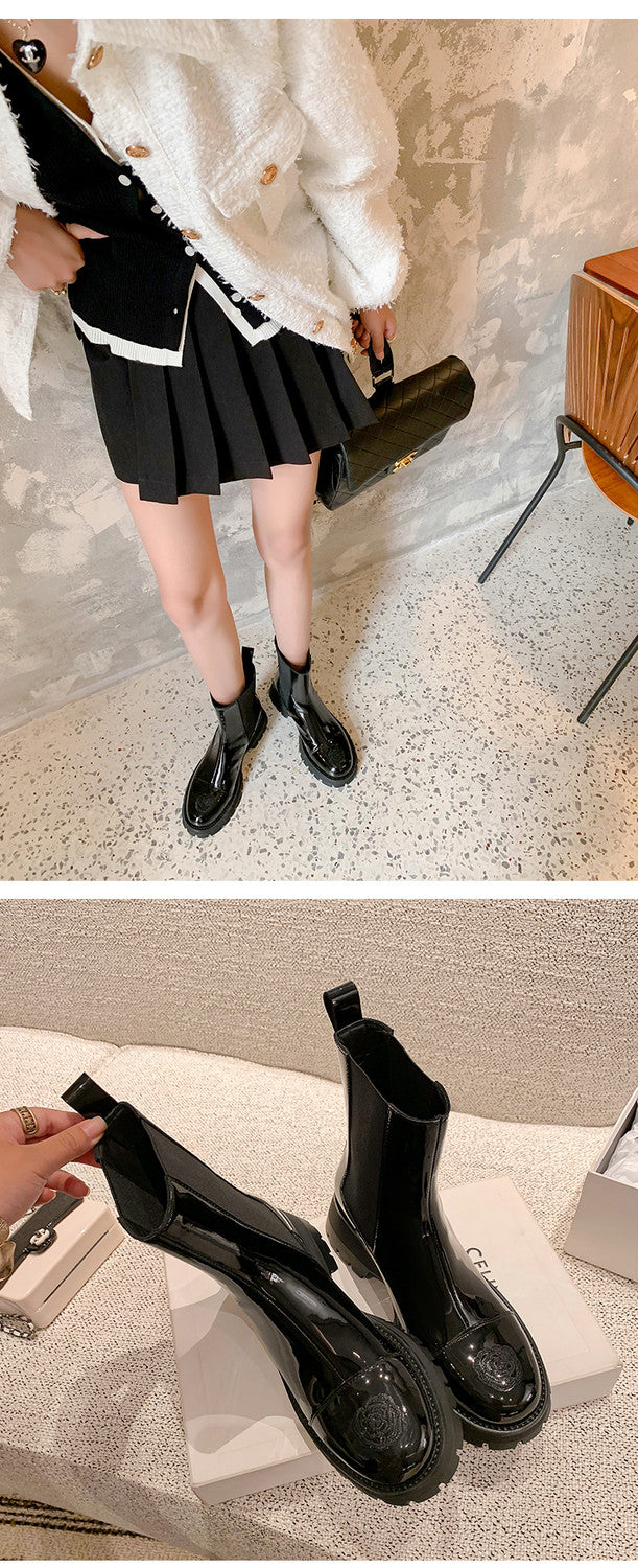 Karin Luna In Stock Spot Goods  Classic Embroidered Camellia Round Toe Thick Sole Chelsea Boots
