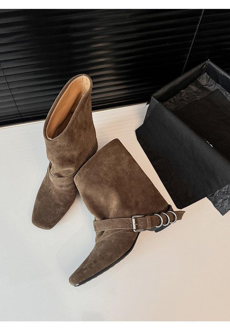 Karin Luna Data Hot Item Square Toe Hidden Wedge Belt Buckle Suede Ankle Boots