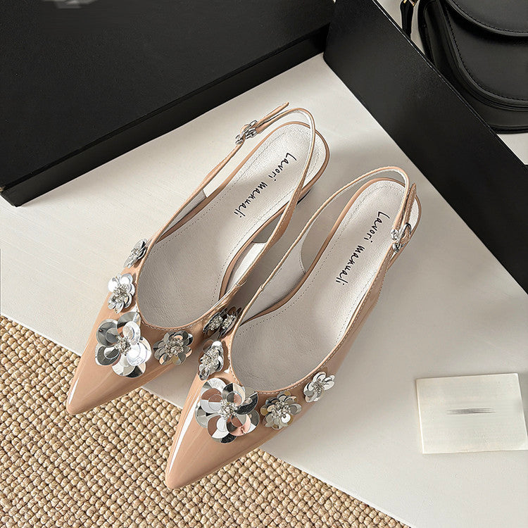 Karin Luna In Stock In Stock  Sequin Floral Pointed Toe Chunky Heel Closed-Toe Sandals