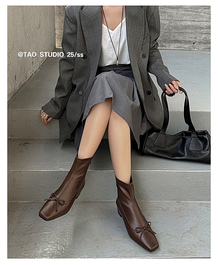 Karin Luna French Style Square Toe Bowknot Hidden Wedge Slim Boots