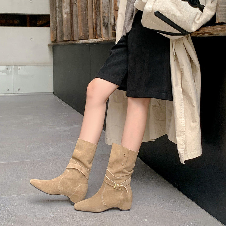 Karin Luna Foldable Belt Buckle Square Toe Hidden Wedge Short Boots