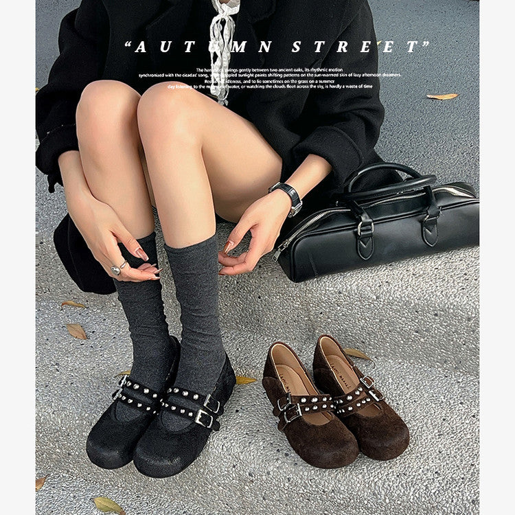 Karin Luna Hot Item Hot Item Punk Style One-Strap Round-Toe Suede Leather Height-Increasing Flats