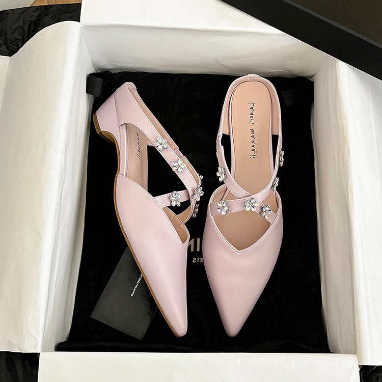 Karin Luna Elegant Pointed Toe Rhinestone Flower High Heel Mules
