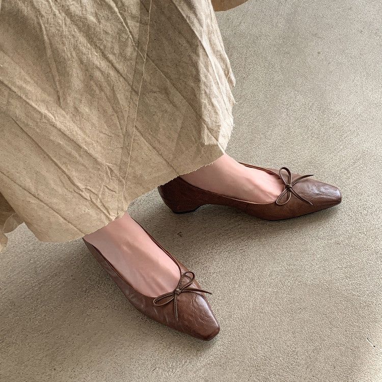 Karin Luna Full Layer Inside and Out~Basic Versatile Small Square Toe Butterfly Knot Irregular Heel Single Shoes