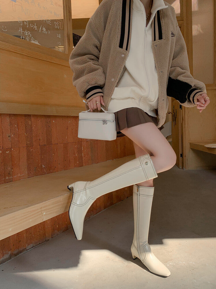 Karin Luna In Stock Spot Goods  Vintage Open Stitch Small Square Toe High Heel Side Zipper Riding Boots