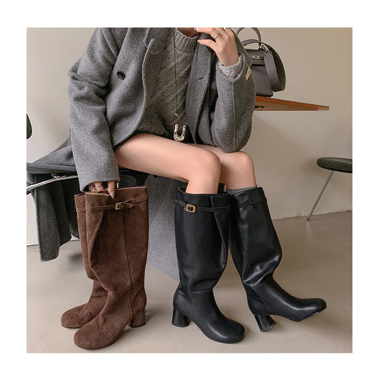 Karin Luna In Stock In Stock Mango Head Large Tube Belt Buckle Chunky Heel Long Boots