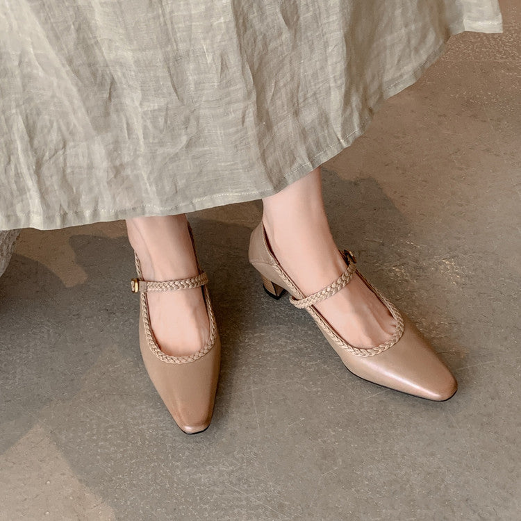 Karin Luna Braided Element Design Chunky Heel Square Toe Single Strap Shoes
