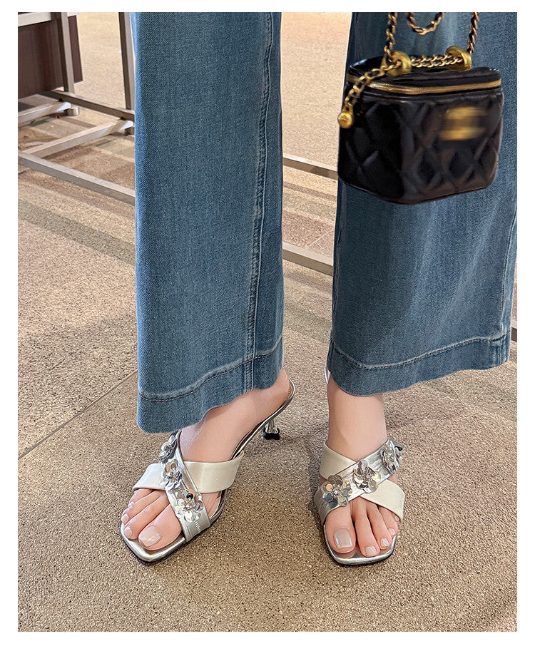 Karin Luna In Stock Spot Goods  Sequin Floral Cross Strap Square Toe Stiletto Slippers