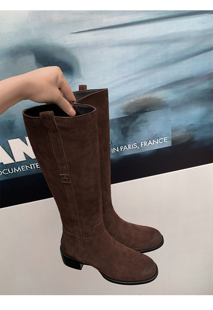 Karin Luna In Stock Spot Goods Basic Retro Square Toe Chunky Heel Riding Boots