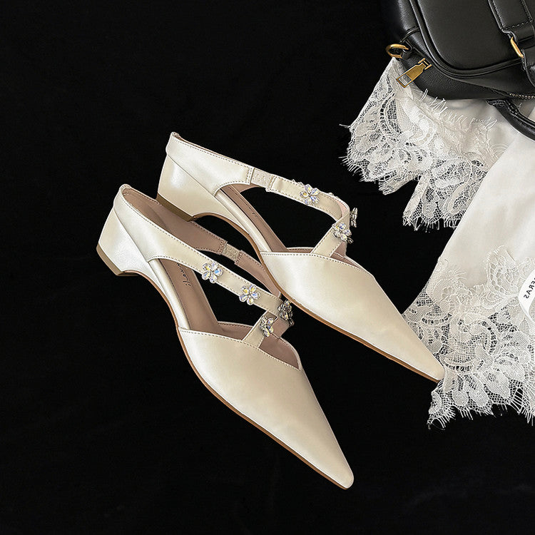 Karin Luna Elegant Pointed Toe Rhinestone Flower High Heel Mules