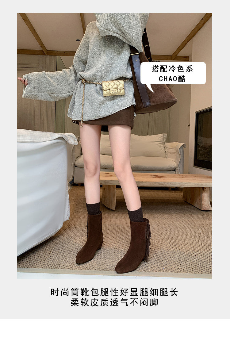 Karin Luna In Stock Spot Goods Tassel Square Toe Hidden Wedge Short Boots