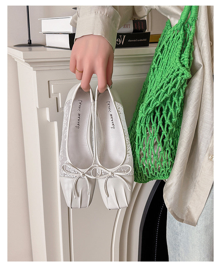 Karin Luna In Stock In Stock  Wrinkled Square Toe Patchwork Breathable Mesh Bow Granny Shoes
