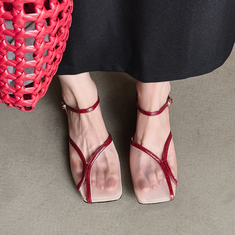 Karin Luna In Stock In Stock  Internet Celebrity Style Square Toe Mesh Chunky Heel Sandals