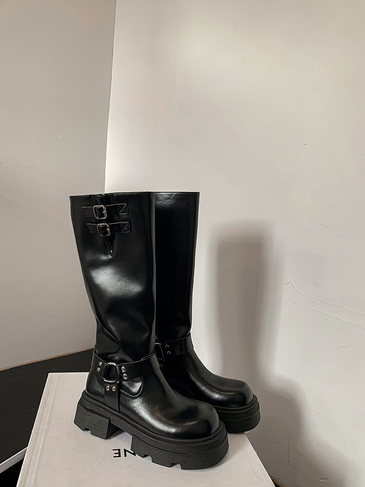 Karin Luna Full Cowhide  miumiu Popular Round Toe Thick Sole Beautiful and height-increasing
