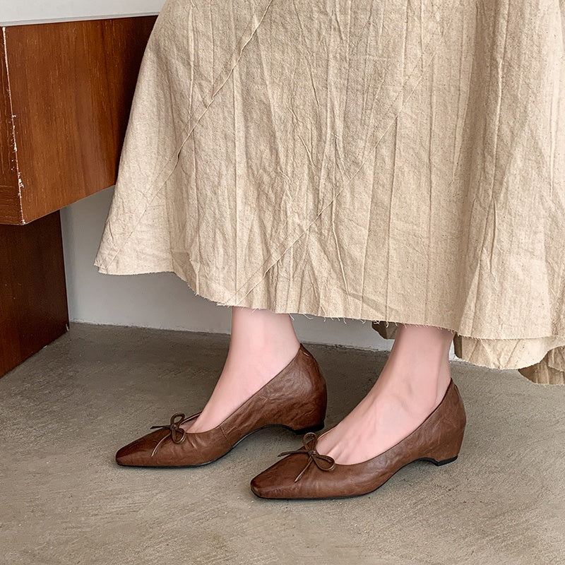 Karin Luna Full Layer Inside and Out~Basic Versatile Small Square Toe Butterfly Knot Irregular Heel Single Shoes