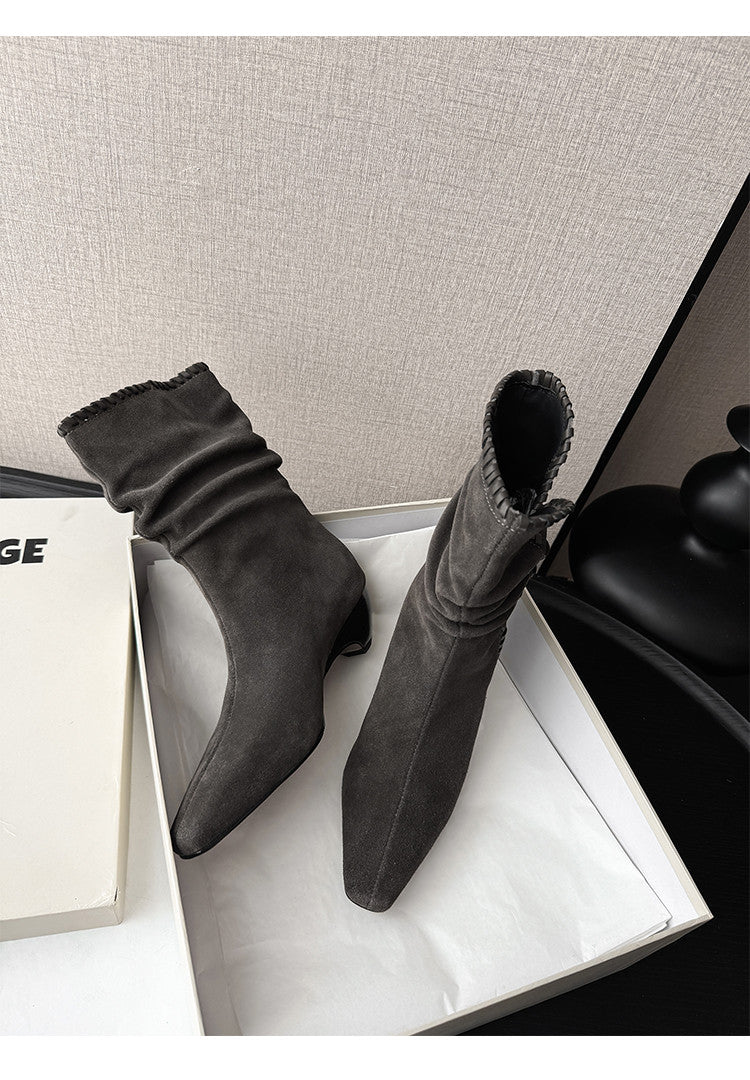 Karin Luna Small Square Toe Retro Ruched Pile Short Boots