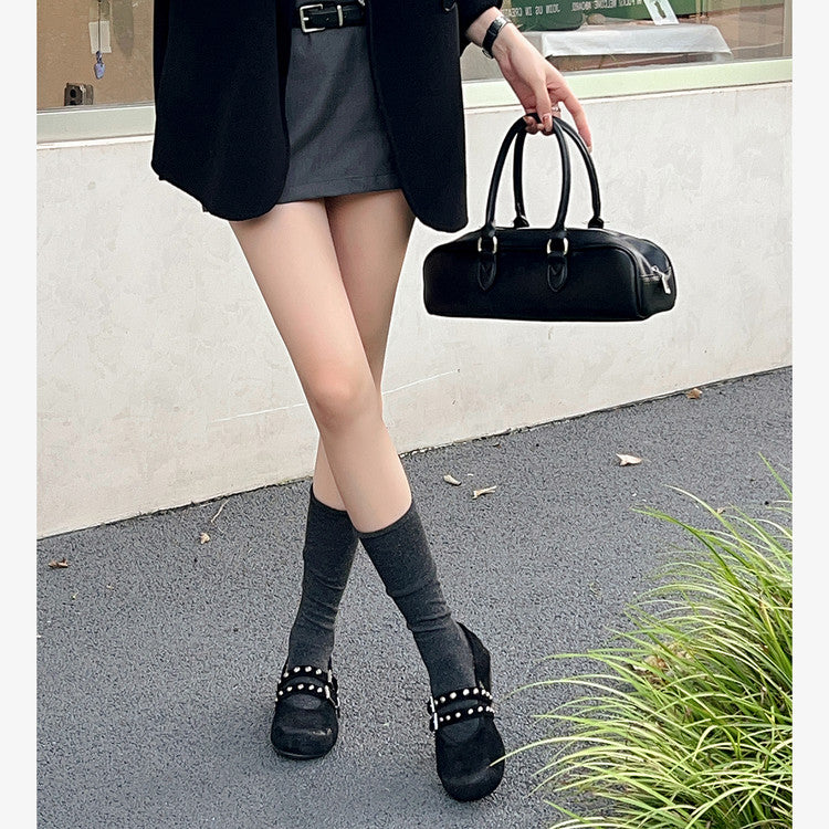 Karin Luna Hot Item Hot Item Punk Style One-Strap Round-Toe Suede Leather Height-Increasing Flats