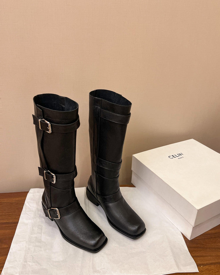 Karin Luna In Stock In Stock European and American Style Square Toe Thick Sole Belt Buckle Long Boots