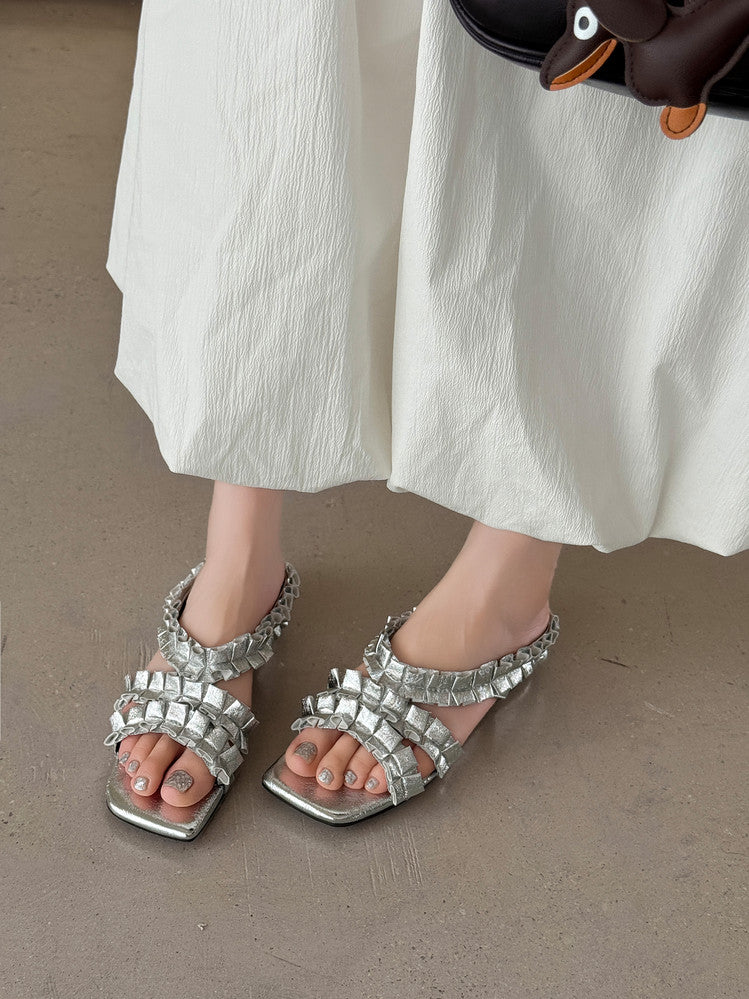 Karin Luna In Stock   Spot Goods  Niche Design Square-Toed Pleated Flat Slippers