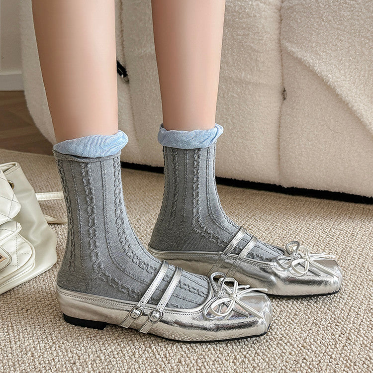 Karin Luna In Stock In Stock   Summer New Sweet Bowknot Color Block Square Toe Height-Increasing Slippers