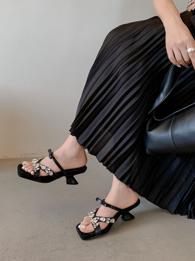 Karin Luna In Stock In Stock  Square Toe Rhinestone Bow Suede Slippers