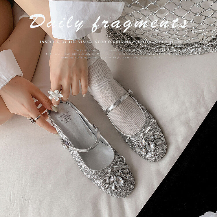 Karin Luna In Stock In Stock  Rhinestone One-Strap Round-Toe Slip-On Height-Increasing Soft Slippers