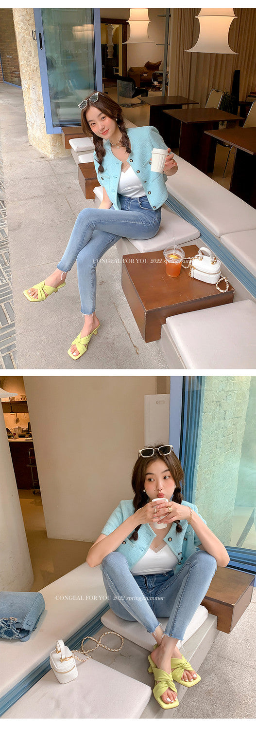 Karin Luna In Stock In Stock  Comfortable Cross Strap  Airy High Heel Square Toe Slippers
