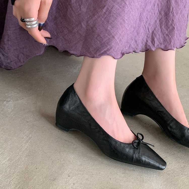 Karin Luna Full Layer Inside and Out~Basic Versatile Small Square Toe Butterfly Knot Irregular Heel Single Shoes