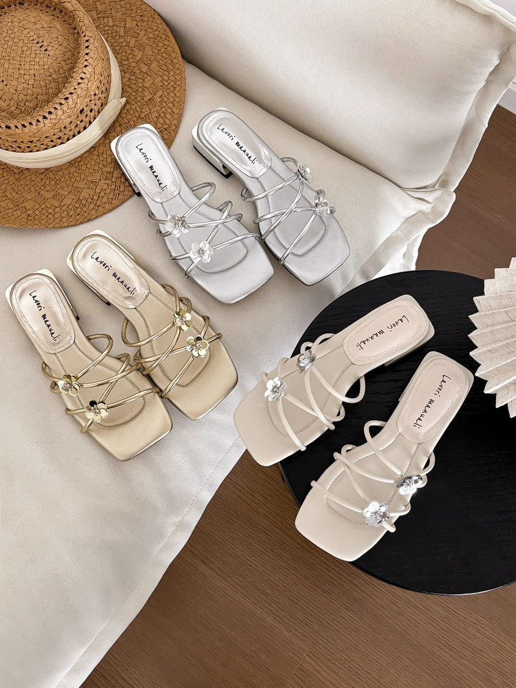 Karin Luna In Stock    Spot Goods    Square Toe One-Strap Sequin Flower Flat Slippers