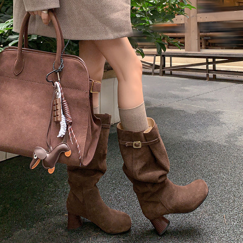 Karin Luna In Stock In Stock Mango Head Large Tube Belt Buckle Chunky Heel Long Boots