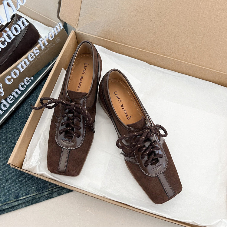 Karin Luna In Stock Spot Goods   Pig Nose Thin Strap Square Toe Patchwork Single Shoes