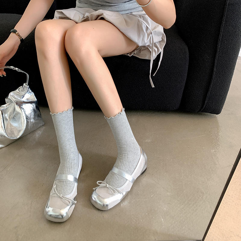 Karin Luna In Stock Spot Goods    Color Block Cowhide Leather Square Toe Slip-On Height Increasing Bowknot Flats