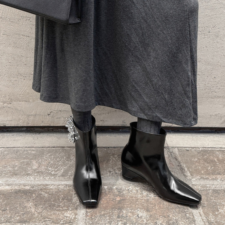 Karin Luna Elegant Style Square Toe Flower Design Height Increasing Short Boots with Two Front and Back Options