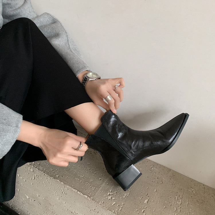Karin Luna In Stock Spot Goods Elegant Stretch Fabric Patchwork Pointed Toe Chunky Heel Short Boots
