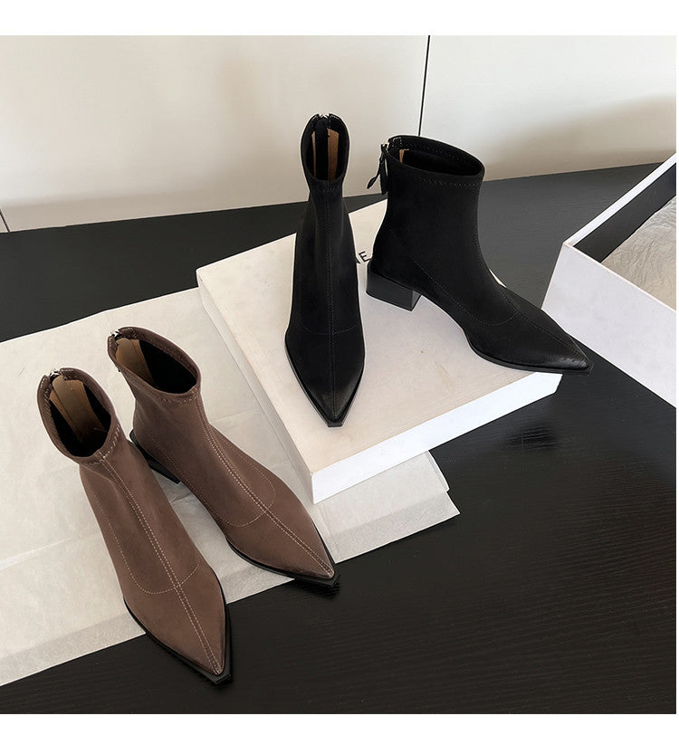 Karin Luna In Stock In Stock Elastic Slim Pointed Toe Chunky Heel Basic Ankle Boots